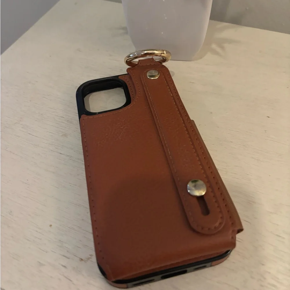iPhone 12/12 Pro Wallet Case Brown Card Holder Wrist Strap Faux Leather